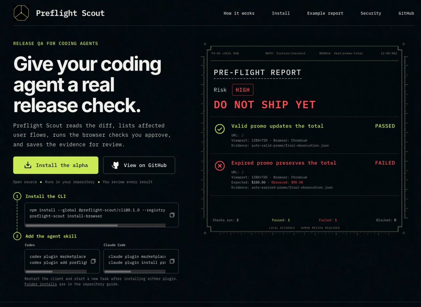 Preflight Scout homepage with an example report