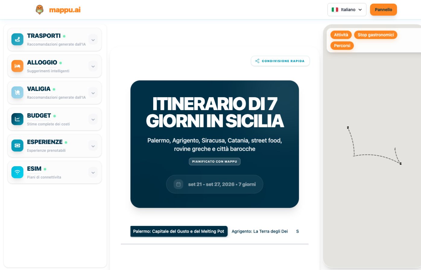 Itinerario pubblico di Mappu con tappe e mappa