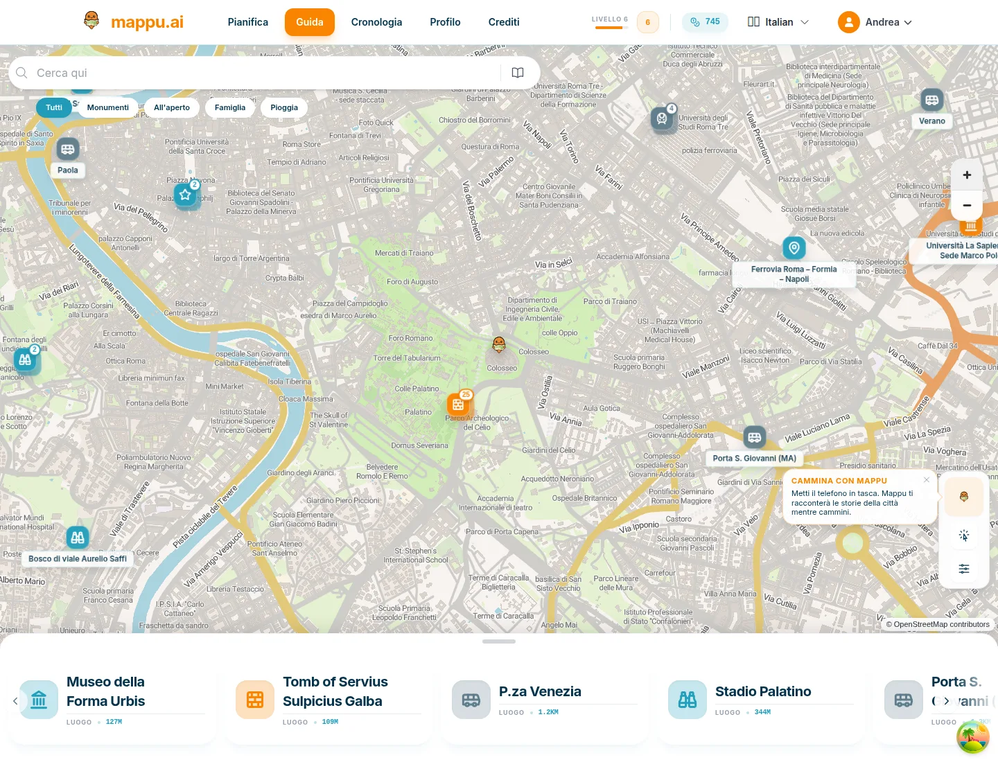 Interfacce di Mappu per pianificazione, mappa e guide di viaggio